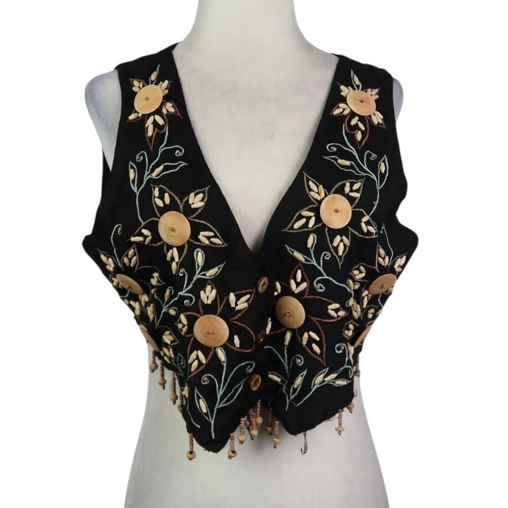 Vintage 90s Papillon Black Beaded Floral Embroidered Crop Vest M